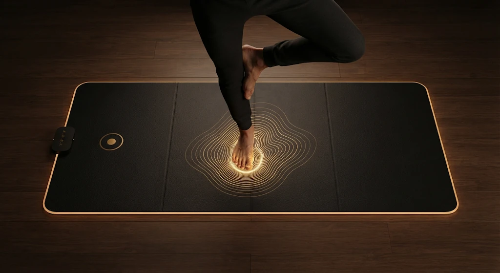 Standing on one foot in tree pose, with gold contour rings mapping the balance beneath the foot