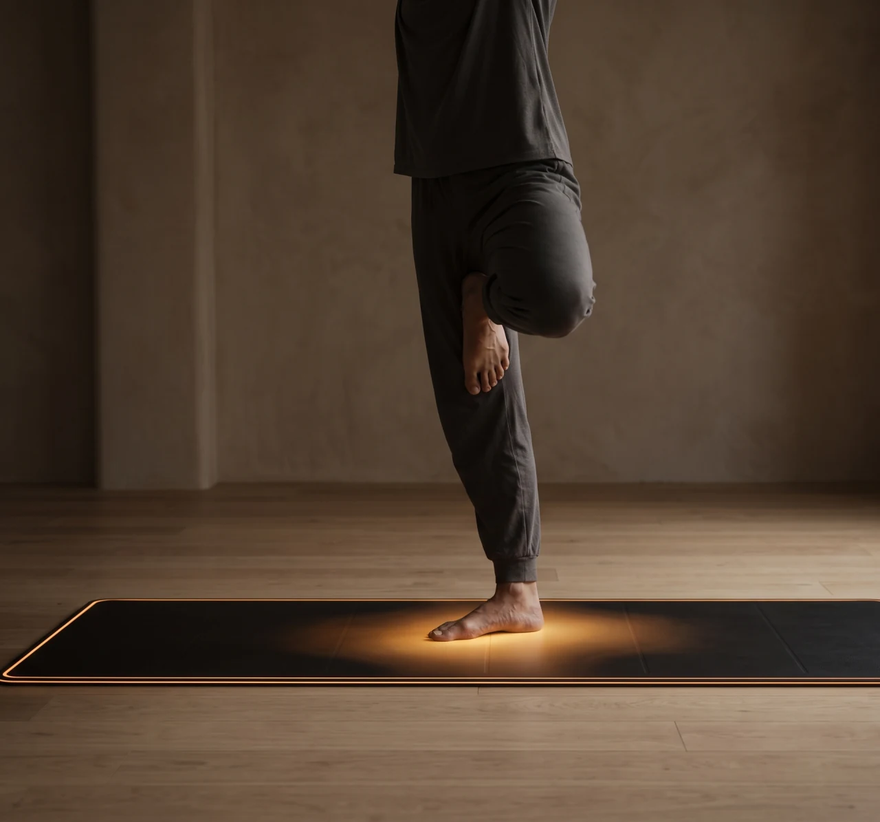 Single-leg balance on the X.O.B.I. mat, pressure glowing under the standing foot