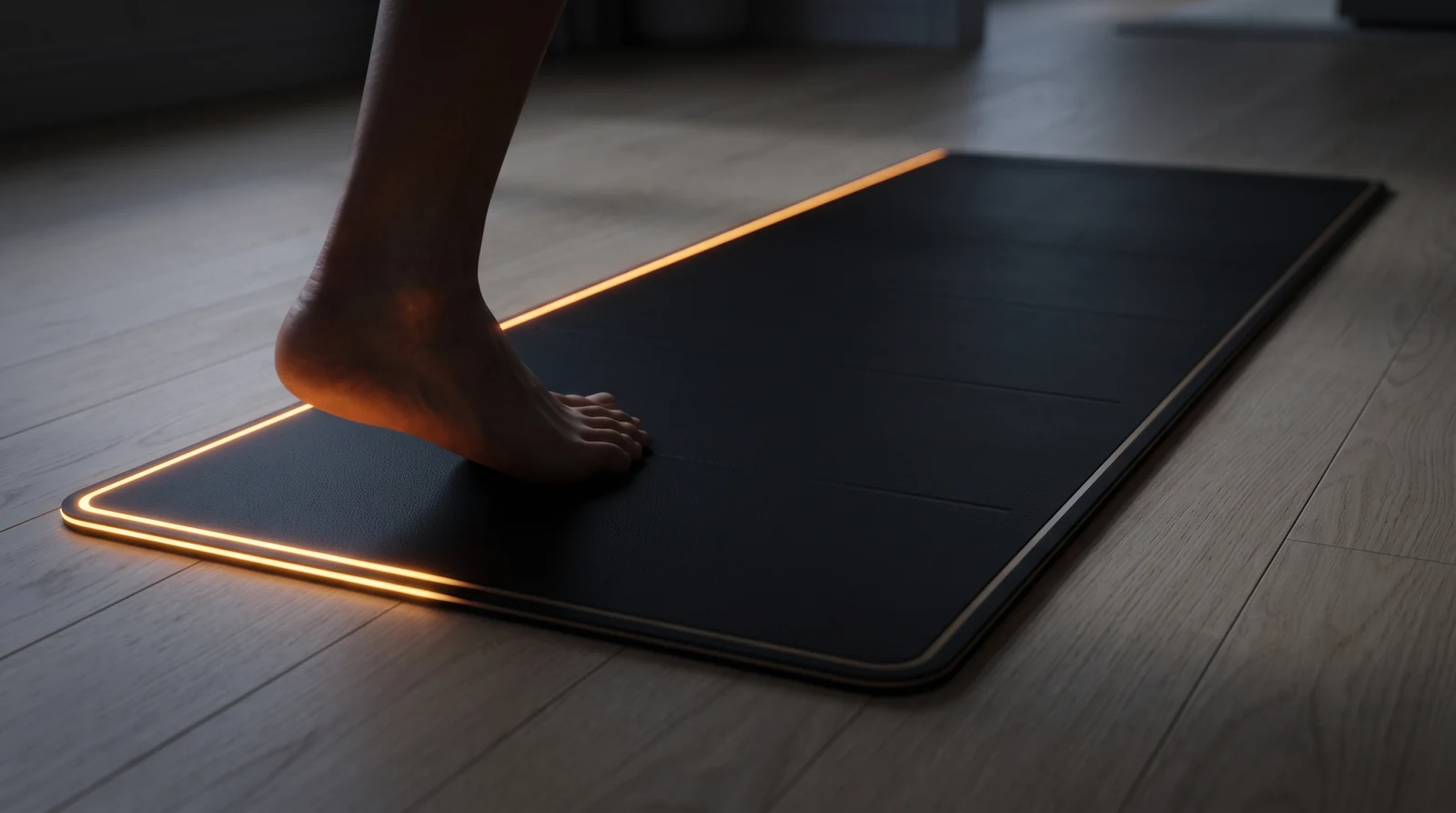 A foot stepping onto the lit mat