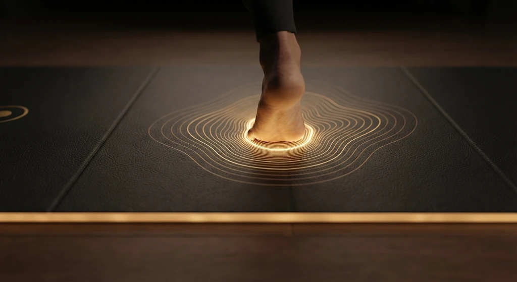 A heel pressing into the leather as gold rings of light spread outwards