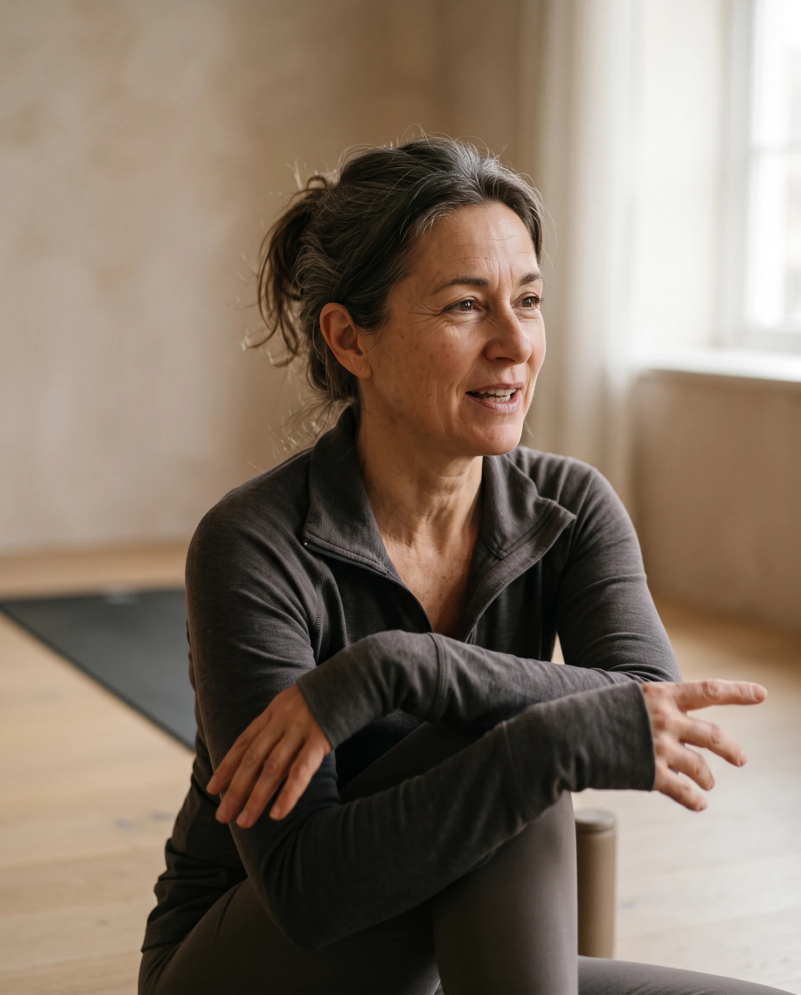 A yoga teacher mid-conversation