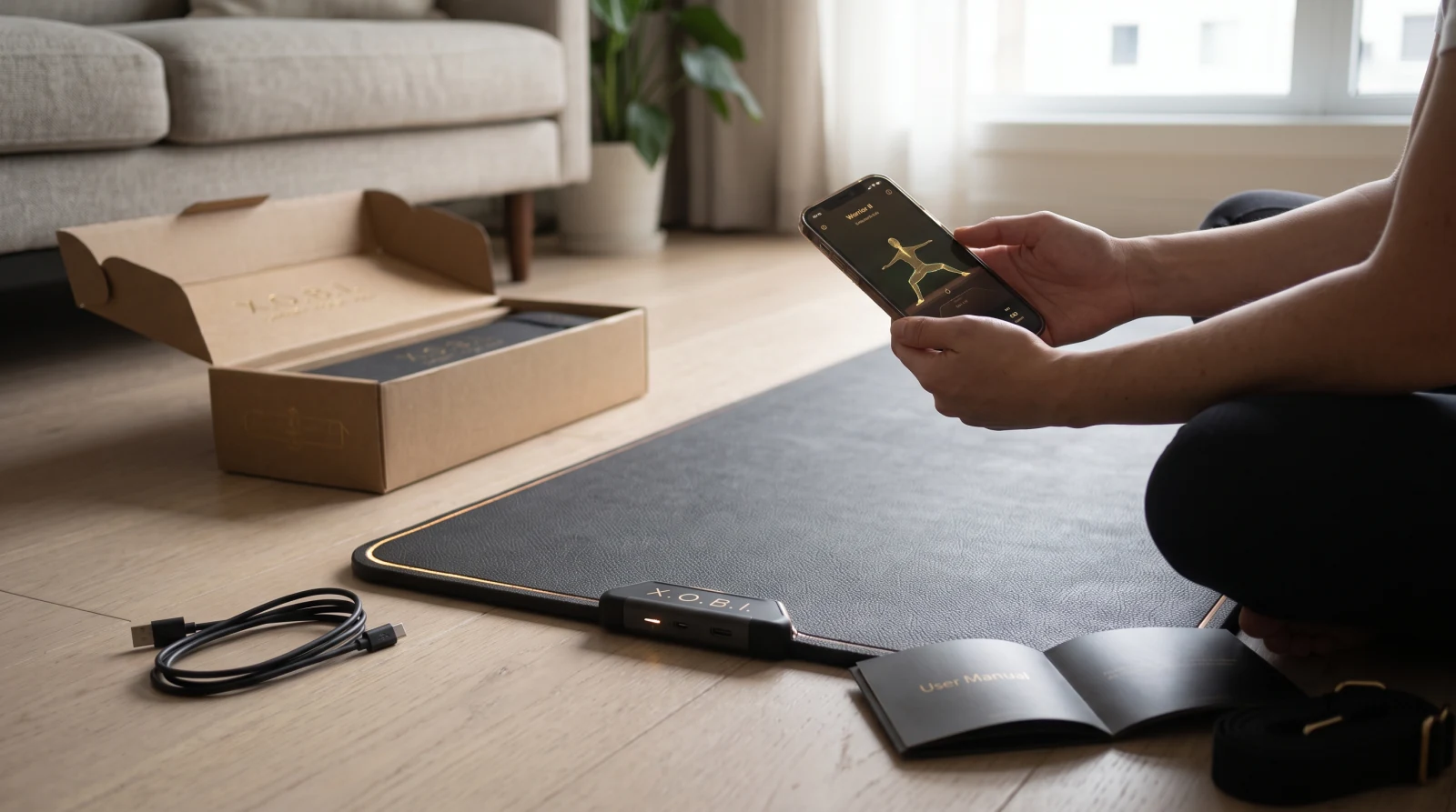 The X.O.B.I. app beside the mat